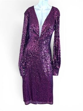 NWT IEENA for Mac Duggal Magenta Sequin V-Neck Long Sleeve Midi Dress Size 8.